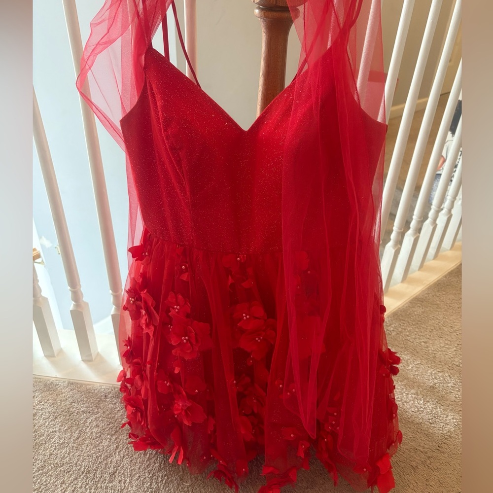 Elegant Red Floral Dress with Sheer Overlay